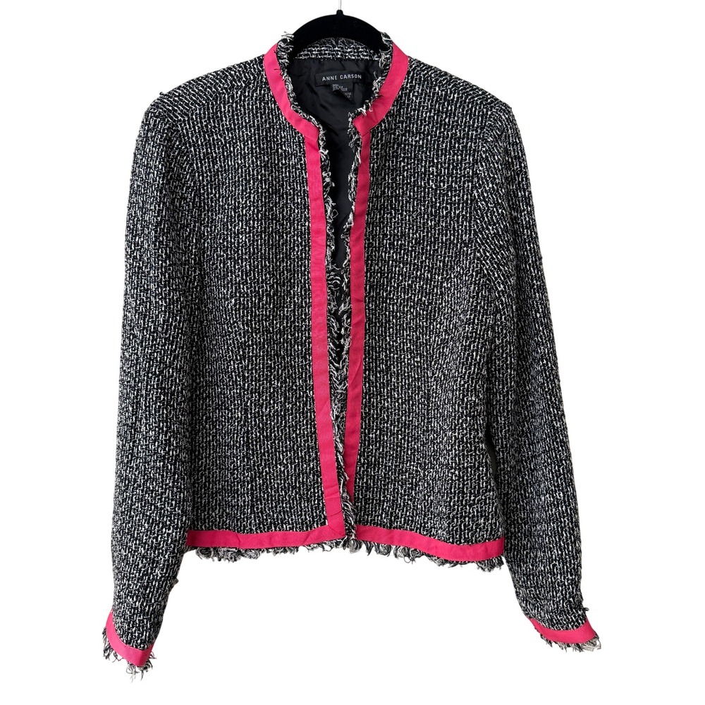 Anne Carson Women Tweed Open Front Blazer Jacket Silk Size Medium Black Pink
